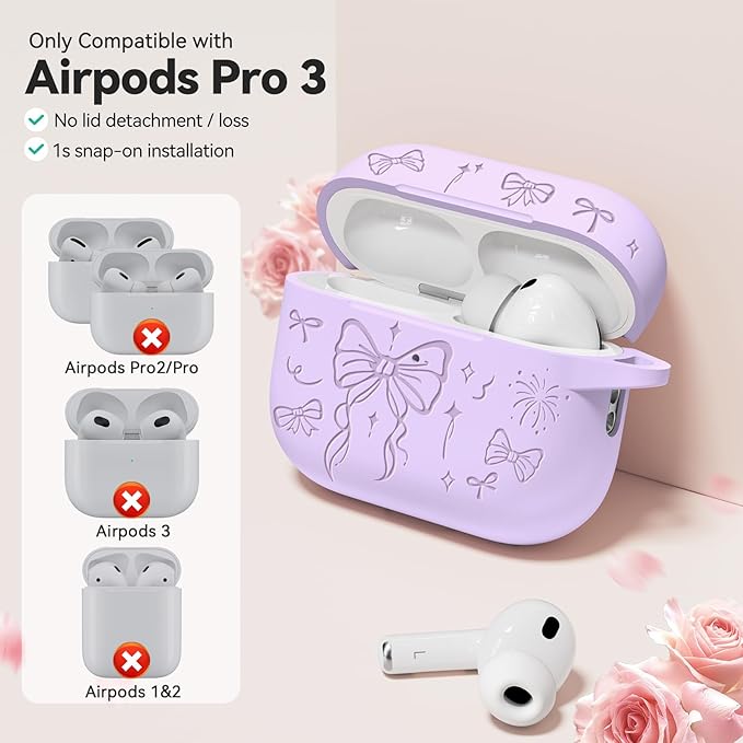 for Airpods Pro 3 Case Cover, Joremx Cute Bow Engraved Silicone Protective Case Cover with Keychain, Cleaner Kit for Airpods Pro 3rd Generation (2025) (Light Purple)