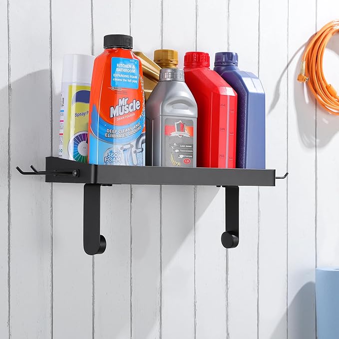 YIGII Garage Paper Towel Holder with Shelf - Wall Mount Papertowel Holder with 4 Hooks, Single-Hand Tear Paper Towel Rack Heavy Duty Tissue Holder for Clean Station, Craft Room, Workbench (Black)