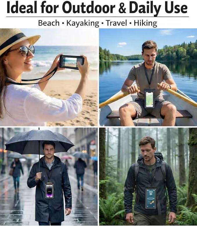 Floating Waterproof Phone Pouch (2-Pack), IPX8 Dry Bag with Built-in Airbag, Touch-Friendly Clear Case with Lanyard for Beach, Swimming, Kayaking & Cruise, Fits Phones up to 7.2" (Black-Pink)