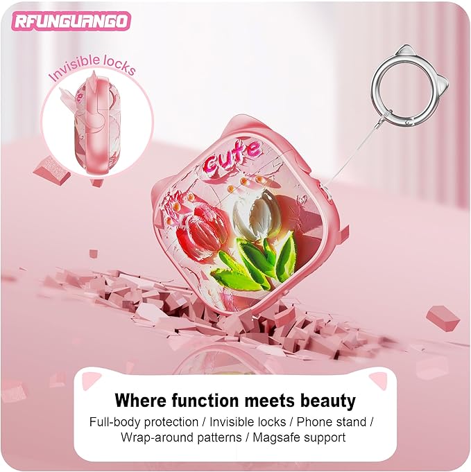 RFUNGUANGO AirPods 4 Case for Women Girly Cat Case with Lock, Phone Stand, Keychain & Cleaner Kit, Compatible with Apple Airpods 4th Generation Case Cover, Pink Tulip