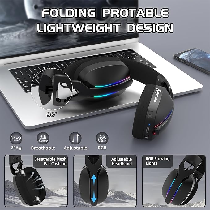 Attack Shark L90 Ultralight RGB Wireless Gaming Headset with Plug-in Microphone,Bluetooth 5.3 & 2.4G Wireless & Wired Headphone, 7.1 Surround Sound for Xbox One Series, PS4,PS5 & PC (Black)