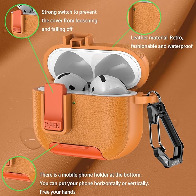 for Leather AirPods Pro 3 Case 2025| Cute Air Pods Pro 3 Case with Lock(Model A2700/A2931) | with Phone Holder & Keychain | iPod Pro 3 Cases for Man Women(Orange)