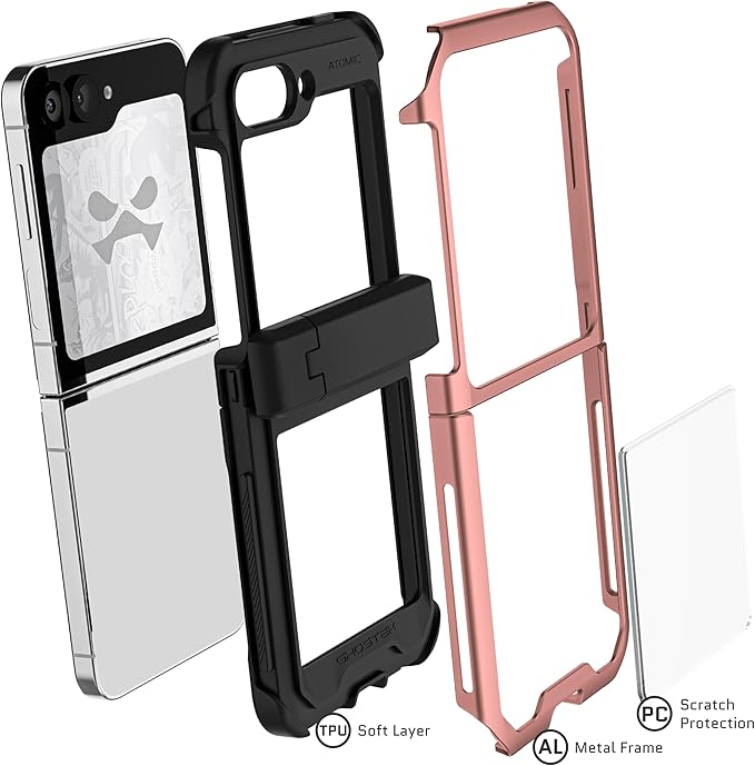 Ghostek Atomic Slim Galaxy Z Flip 6 case with Built-in Kickstand - Clear Back with Aluminum Metal Bumper, Protective Phone Case, Limited Edition Color for 2024 Samsung Z Flip 6 Case (6.7") (Pink)