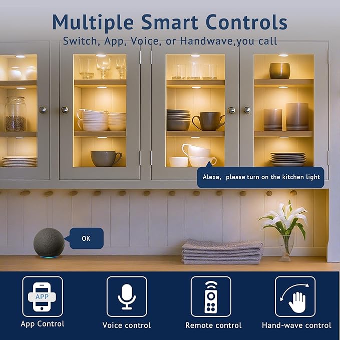 Smart Puck Lights 4 Pack, Plug-in Under Cabinet Lighting for Kitchen, Closet & Shelf, App, Voice & Hand Control, Works with Alexa & Google Home, Dimmable & Adjustable Warm to Cool White Light