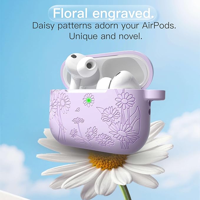 for AirPods Pro 3 Case (2025) DamonLight Daisy Floral Engraved Shockproof Protective Soft Silicone Case Cover with Cleaning Pen and Keychain for Apple Airpods Pro 3rd Generation (Purple)