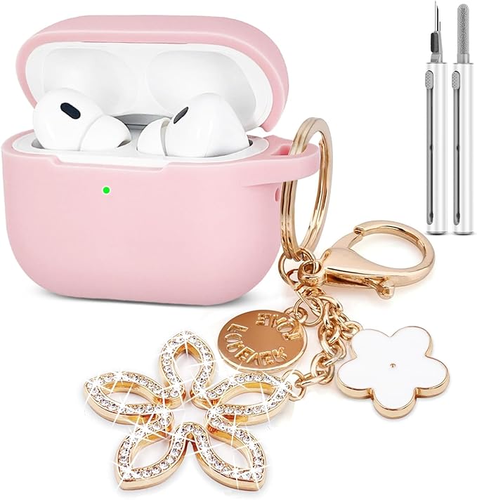 Compatible with AirPods Pro 2nd Generation Case with Cleaner Kit, Silicone Protective Case for Apple AirPod Pro 2nd/1st Earbuds Wireless Charging Cases with Bling Keychain (Pink)