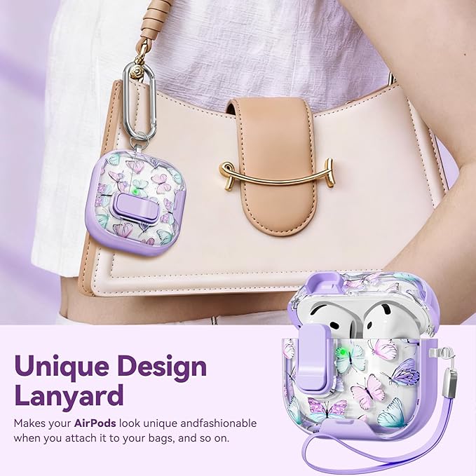 with Safety Lock for Apple AirPods 4 Case,Clear Floral Cute AirPod 4th Generation Case with Phone Stand & Cleaning Kit for Women Girly-Purple+Butterfly