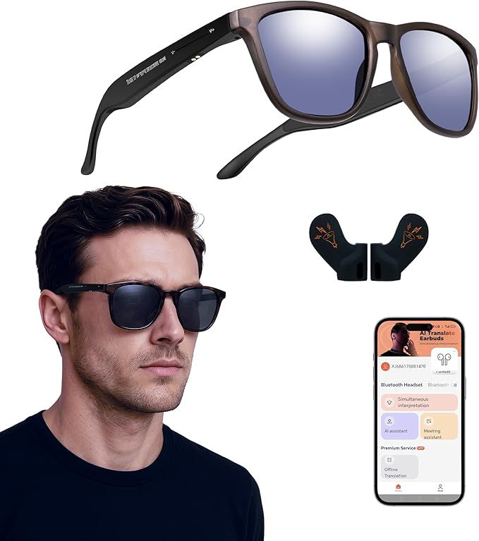 Smart Glasses,Bluetooth Glasses with 2pcs Replacement Lenses 160 Language 5.4 Translation Glasses UV Protection Bluetooth Sunglasses for Men Lightweight Design for Travel,Work,Business,Fishing,Driving
