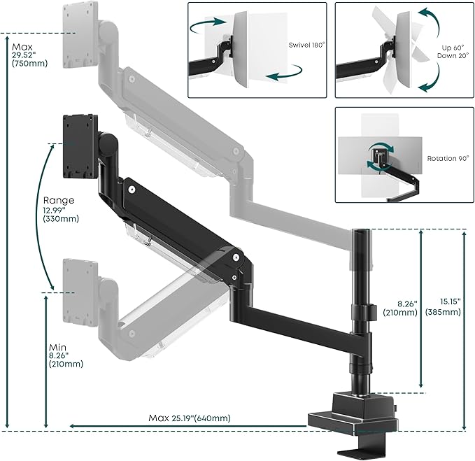 Single Monitor-Arm Heavy Duty for 24-57-inch - Ultrawide Aluminum Single Pole Monitor Mount,Fully Adjustable, Ideal for Gaming, Office & Home Use, Max Load 59.4lbs, VESA 75/100/200 mm, Black