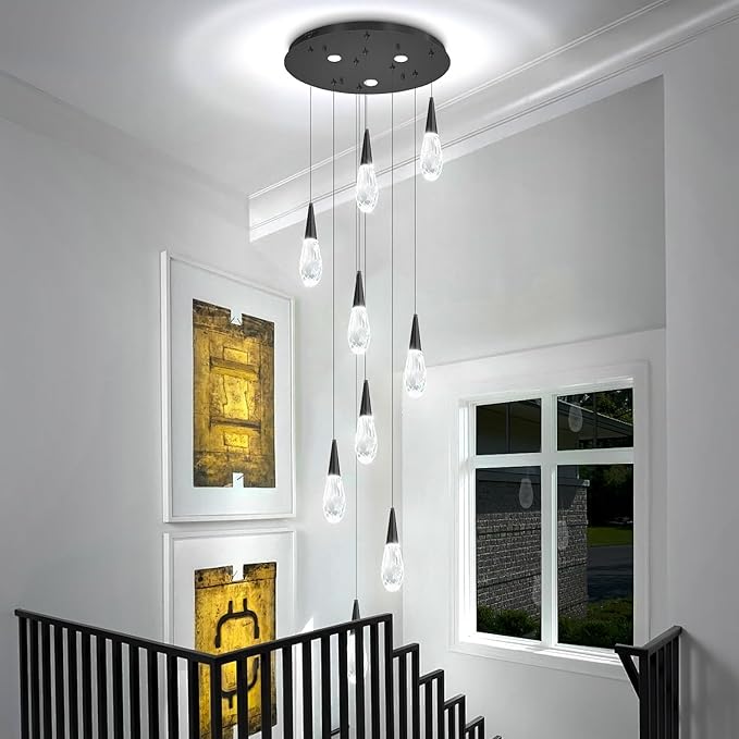H98 Modern Chandelier for Stairway 9-Lights Crystal Raindrop Chandelier Black Pendant Light for Staircase Living Room Entryway LED Dimmable High Ceiling Chandeliers with Remote