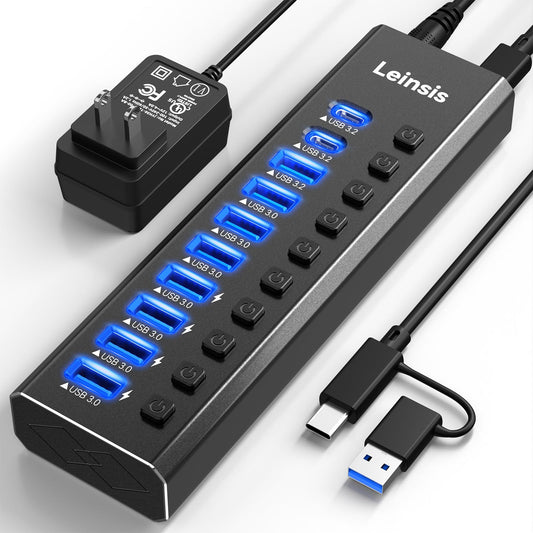 Powered USB Hub 3.2, LEINSIS 10-Port USB 3.2/USB C Hub (10Gbps USB-A 3.2 +2 USB-C 3.2 +7 USB 3.0 Ports) with Individual On/Off Switches and 12V Power Adapter, Aluminum USB Hub Powe