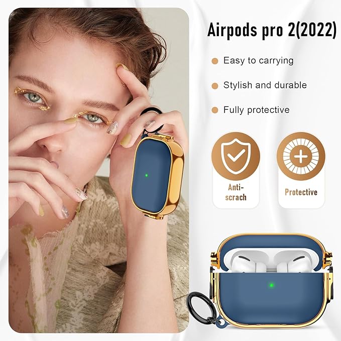 Maxjoy for Cute Airpods Pro 2 case with Safety Lock,Compatible Airpods Pro Case 2nd/1st Gen,Compatible Plating Solid Color AirPods Case Cover for Men Women Girly with Keychain-Blue