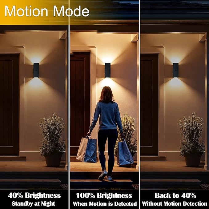 Motion Sensor Outdoor Wall Lights, Dusk to Dawn Porch & Patio Sconce with E26 Dimmable LED Bulbs, Black Aluminum Up & Down Exterior Lights for Garage, Garden, Front Door, ETL Listed