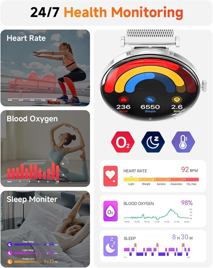 Hwagol Smart Watch for Women with Android iPhone Compatible[Calls/Metal Thin Body],1.43" Micro-Spherical AMOLED Screen,Sports Watch with Sleep/Heart Rate Monitor,Pedometer for Steps Miles