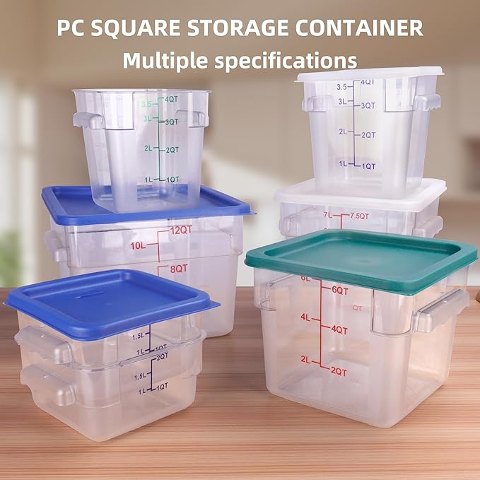 2 Pack Square Food Storage Container With Lid, 2-6 Quart Commercial Storage Box With Scale & Handle, Cake Making, Dough Marinating Meat, Kitchen Supplies (6 Quart)