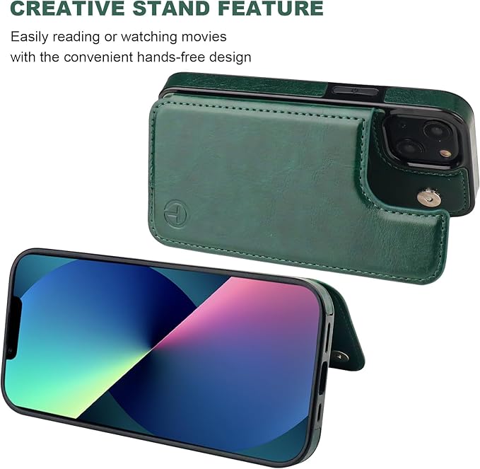 ONETOP Compatible with Magsafe for iPhone 13 Mini Wallet Case with Card Holder, PU Leather Kickstand RFID Blocking Case, Double Magnetic Clasp and Durable Shockproof Cover 5.4 Inch (Green)