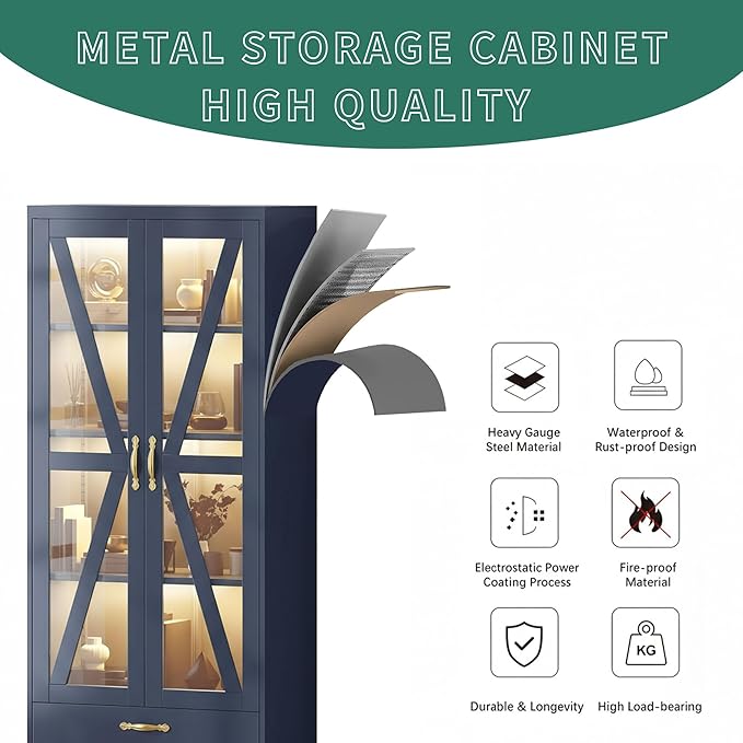YITAHOME Kitchen Pantry Cabinet with Lights, 61" Metal Storage Cabinets with Adjustable Shelves, Organizer Cabinet with Barn Doors, Freestanding Cupboard with Drawer for Dining Living Room, Navy Blue