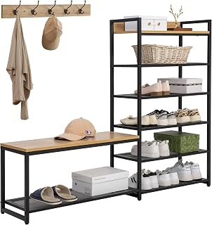 SUNTAGE 6-Tier Coat Rack Shoe Bench Set, Entryway Bench with 6 Hooks Coat Rack, Hall Tree and Shoe Storage for Entryway, Hallway, Garage, Bedroom (Vintage Oak) - Image 1