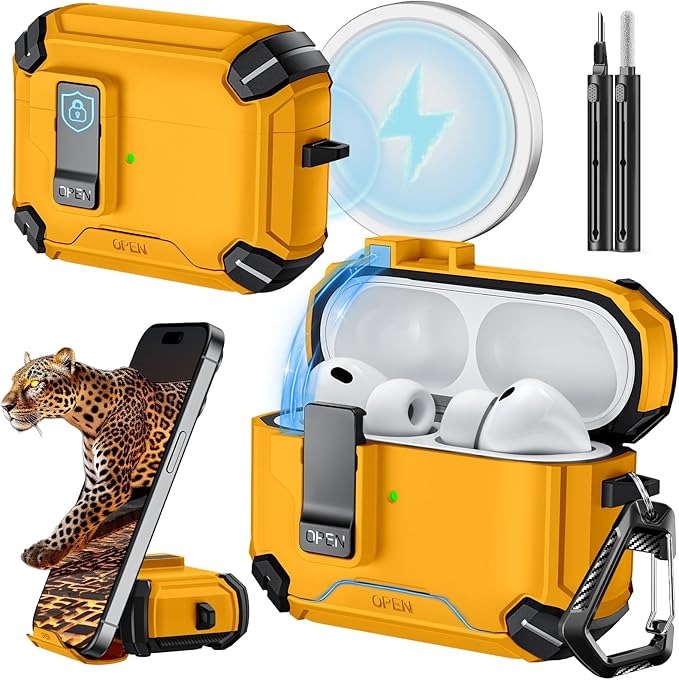 Inesore for AirPods Pro 3 Case (2025) with Phone Stand & Cleaning Kit,Compatible with Magsafe,Magnetic Automatic Lock Cover for AirPods Pro 3rd Generation, Yellow