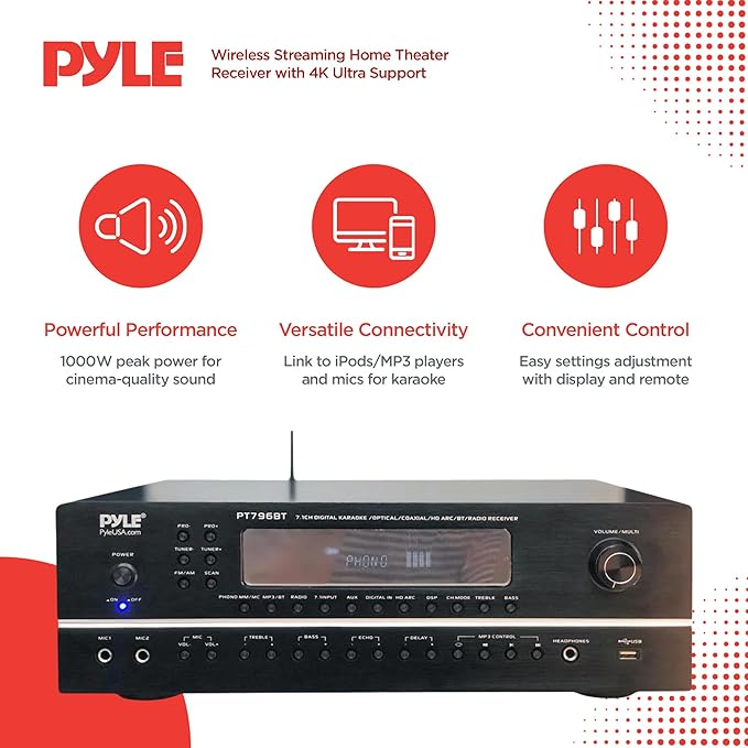 Pyle 7.1-Channel Hi-Fi Bluetooth Stereo Amplifier - 2000 Watt AV Home Theater Speaker Subwoofer Surround Sound Receiver w/ Radio, USB, RCA, HDMI, MIC IN, Supports 4K HD TV's, 3D - Pyle PT796BT