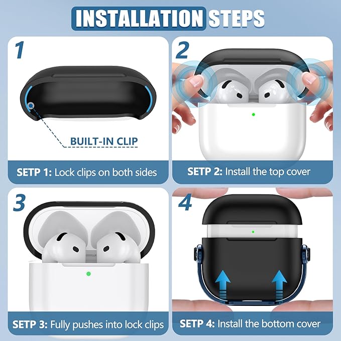 Safety Lock for Airpods 4 Case, TPU Case for Apple Airpods 4 Case 2024 USB-C with Cleaner Kit, Drop Protection Airpods 4 Case Cover for Men with Lock and Keychain, Black+Blue