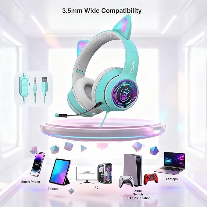Cat Ear Gaming Headphones Wired AUX 3.5mm with LED Light, VIGROS Flashing Stereo Game Headphones Surround Sound Over-Ear Headsets with Microphone Fit Kids & Adult for PC, PS4, Switch, Mobile, Laptop