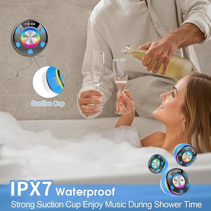 OYIB Bluetooth Shower Speaker, Portable Bluetooth Speaker 360° HD Sound, RGB Lights, IPX7 Waterproof Wireless Speaker with Suction Cup and Mic, Shower Radio for Party/Outdoor/Travel/Gifts/Blue