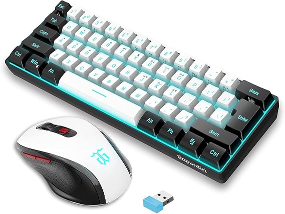 Snpurdiri 2.4G 60% Wireless Gaming Keyboard and Mouse Combo, Black-White