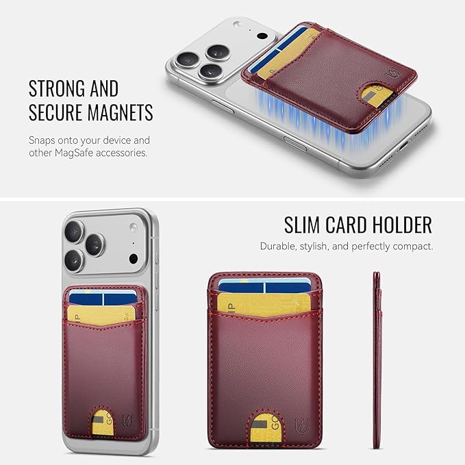for Magsafe Wallet Magnetic Card Holder RFID Blocking, Strong Magnet Slim Wallet Stick on Phones and Cases for iPhone 17/16/15/14/13/12/ Pro/Max/Plus, Wine Red