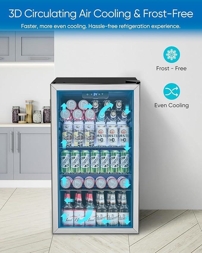 3.2 Cu.Ft Mini Fridge with Glass Door - 126 Can Beverage Refrigerator Cooler for Drink Beer Wine Soda, Small Refrigerator for Bedroom Office Bar Dorm, 4 Adjustable Shelves, Silver