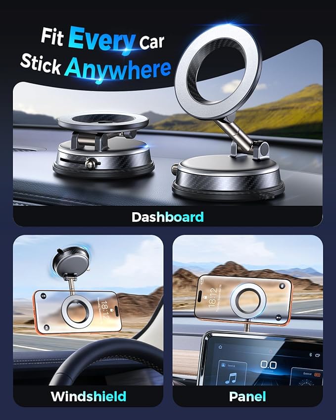 2026 Upgraded Vacuum Magnetic Car Phone Holder, 85LBS Strongest Suction & 2600gf Magnetic for Magsafe Car Mount, 360° Adjustable Foldable Cell Phone Holders for Your Car for iPhone 17 16 15-Silver