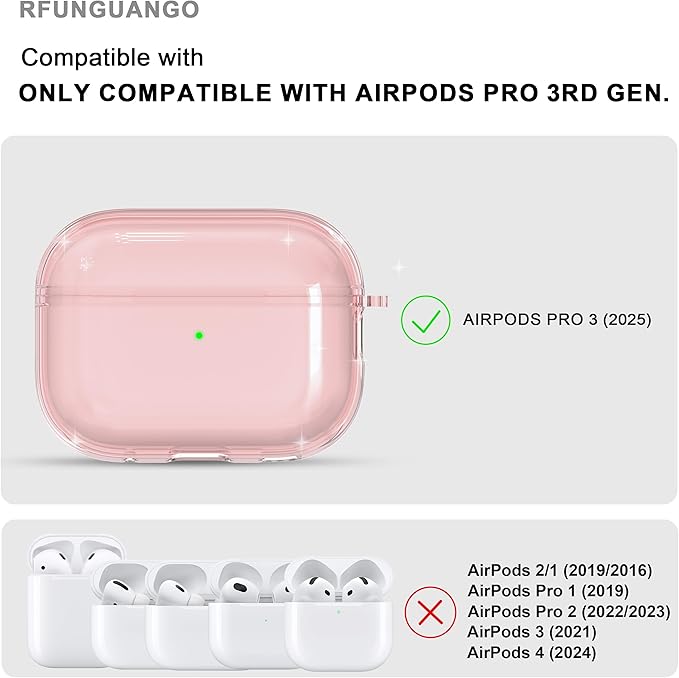 RFUNGUANGO AirPods Pro 3 Case Clear, Soft TPU Transparent with Cleaning Kit & Keychain, Compatible with Magsafe, Compatible Apple AirPods Pro 3rd (2025) Generation Protective Case, Pink
