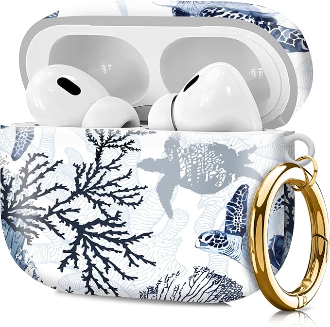 Compatible with Airpod pro 2nd/1st Generation Case Cover with Gold Round Keychain Cute Pattern Hard & Anti Slip Cover for Men Women & Girls（Swimming Turtles）