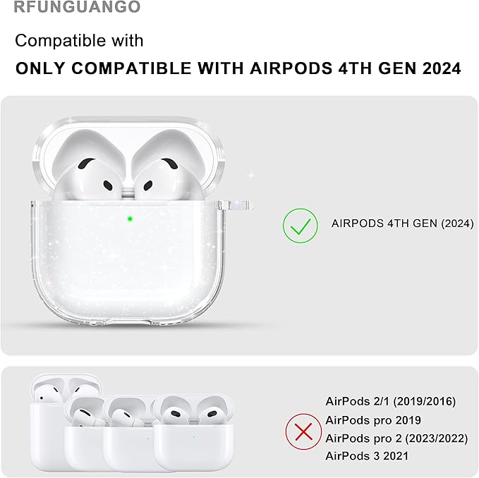 RFUNGUANGO AirPods 4 Case Clear, Soft TPU Transparent with Cleaning Kit & Keychain, Compatible with Magsafe, Compatible Apple AirPods 4 (2025) Generation Protective Case, Glitter White