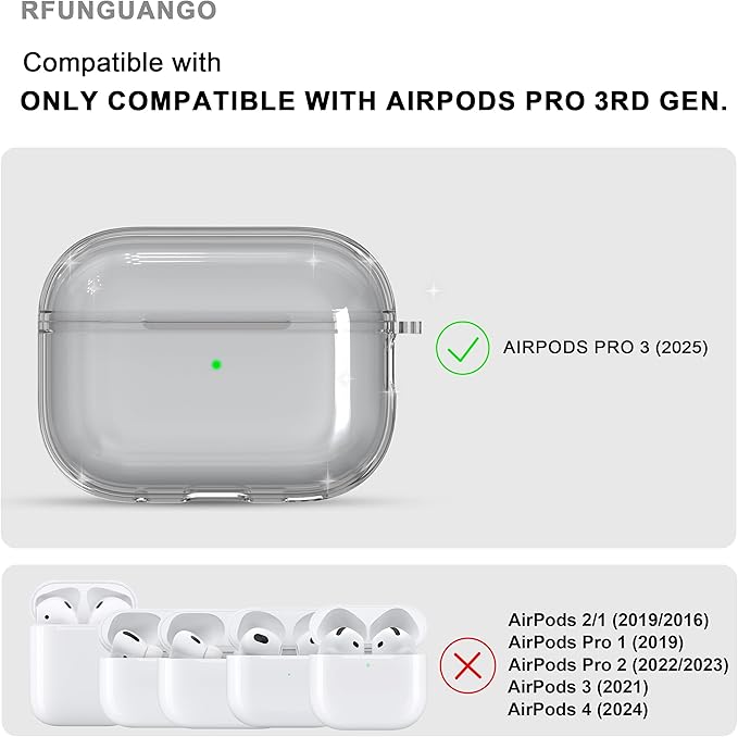 RFUNGUANGO AirPods Pro 3 Case Clear, Soft TPU Transparent with Cleaning Kit & Keychain, Compatible with Magsafe, Compatible Apple AirPods Pro 3rd (2025) Generation Protective Case, Black