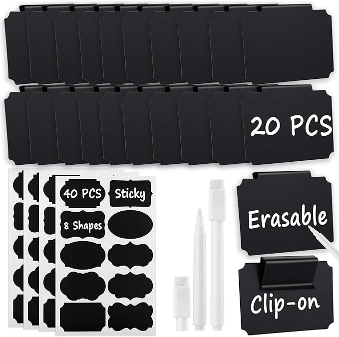 62Pcs Labels for Storage Bins, Including 20 Erasable Basket Labels Clip on Holder Removable PVC Bin,40 Pantry Labels, and 2 Chalk Marker Labels for Organizing Containers Drawer Basket Tags