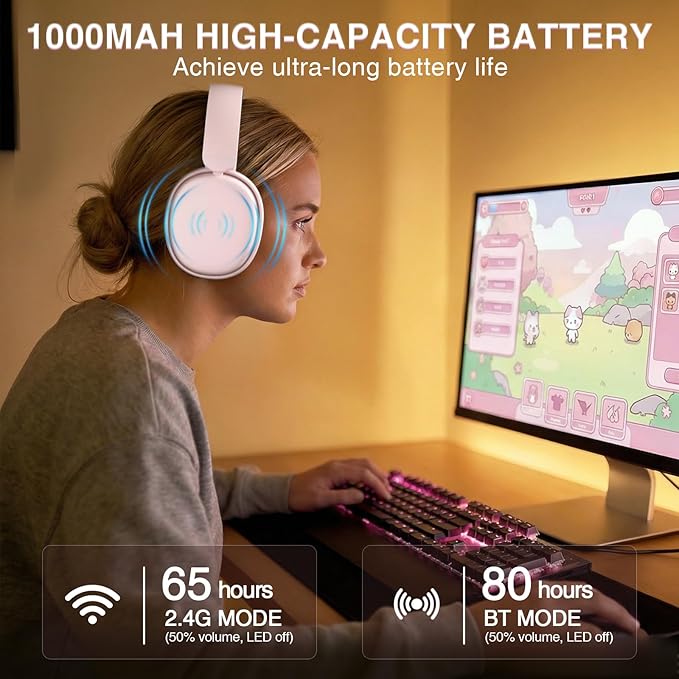 AULA G7 Pro Wireless Gaming Headset with 7.1 Surround Sound, 40mm Driver, BT5.3 Gaming Headphones with Mic, RGB, 10ms Latency, 65H Battery, Pink Gaming Headset for PS5,PS4, Switch,Xbox,PC,Phone, Mac