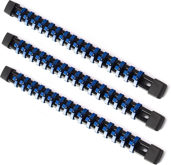 ALOANES 3PC ABS Socket Organizer, Socket Rails Fit 1/4 inch Drive, Heavy Duty Socket Holders Hold up to 48 Sockets, Black Rails with Blue Clips