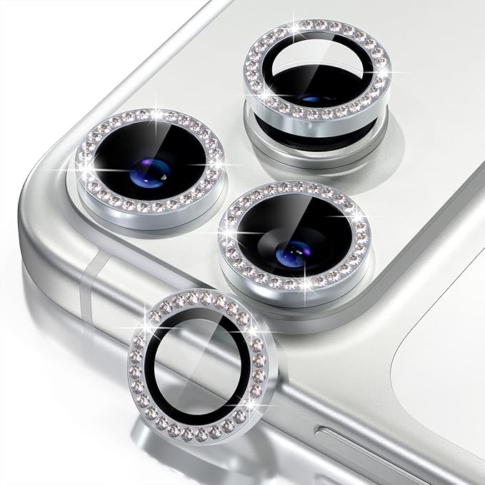Misea Compatible for iPhone 17 Pro/iPhone 17 Pro Max Camera Lens Protector Bling, 9H Tempered Glass Camera Cover Screen Protector Metal Individual Ring Decoration Accessories, Silver Diamond