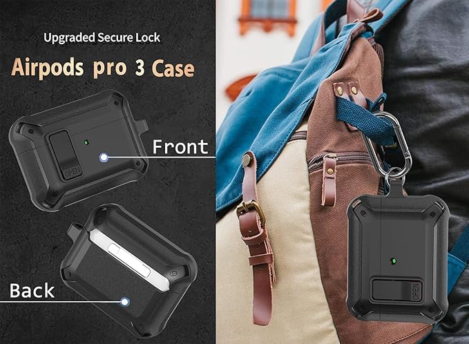 for Airpods Pro 3 Case with Magnetic Automatic Lock, Rugged Apple Airpods Pro 3rd Generation Cover 2025, Armor Shockproof iPod Pro3 Gen Protective Hard Shell with Carabiner&Cleaner kit, Black