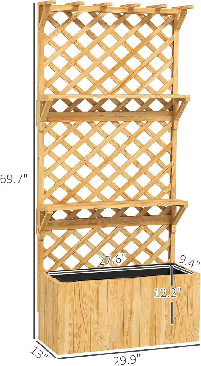 Outsunny Wooden Planter with Trellis, Raised Garden Bed with Hanging Roof, Plant Shelf, Drainage Holes and Bed Liner, for Climbing Plants, Vegetables, Flowers, 30" x 13" x 70", Natural