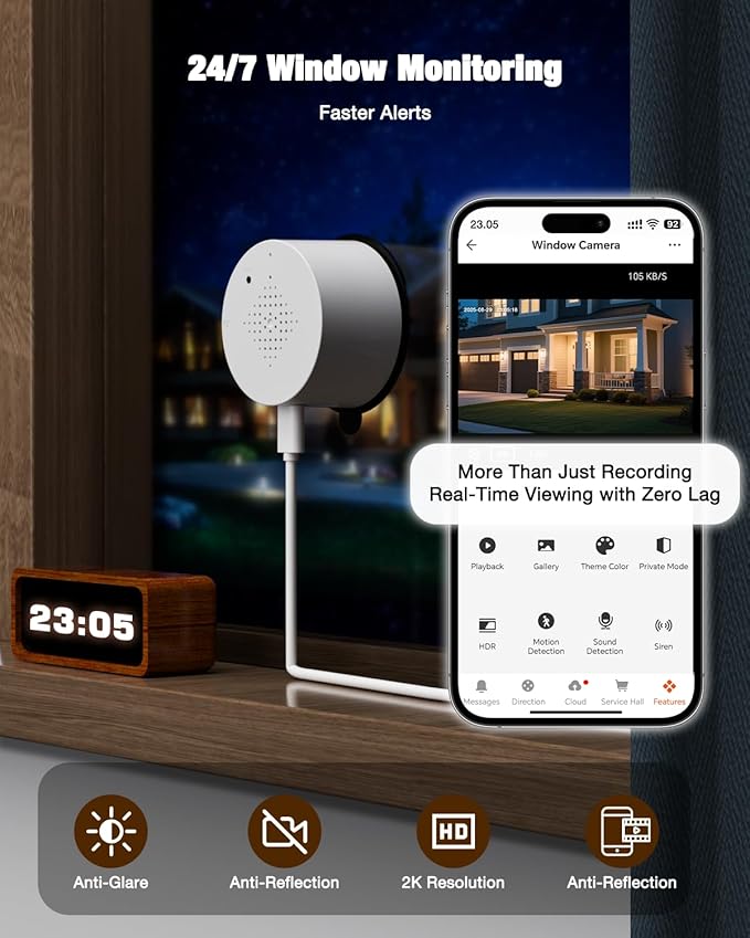 2K Window Camera for Home Security with Full Color Night Vision, 2.4GHz WiFi Indoor Security Cameras, Human & Motion Detection, 24/7 Monitoring, 2-Way Talk, Easy Install