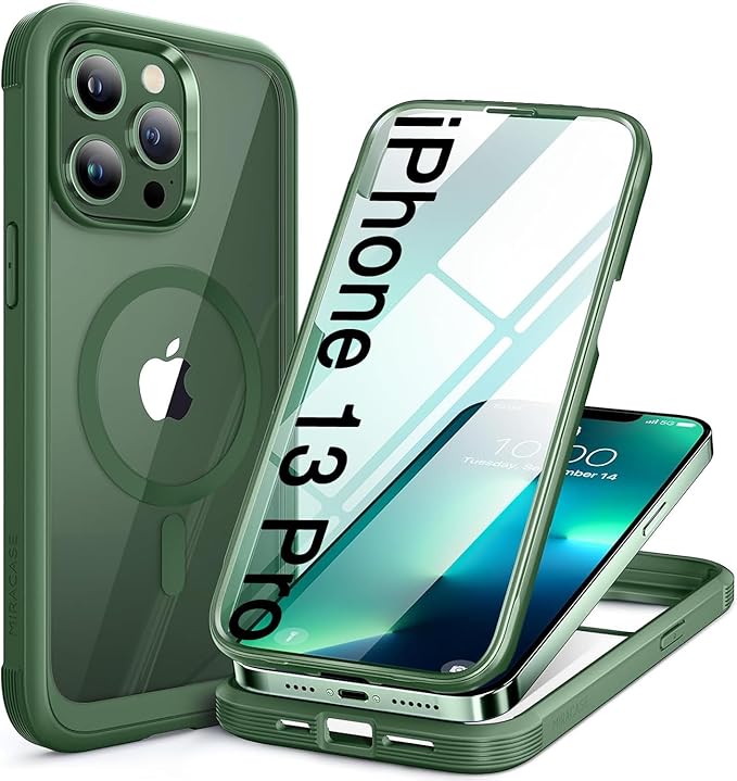 Miracase Magnetic Glass for iPhone 13 Pro Case,Compatible with MagSafe,Full-Body Bumper with Shockproof Military-Grade,Built-in 9H Tempered Glass Screen Protector for iPhone 13 Pro,Acacia Green