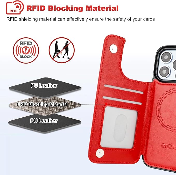 ONETOP Compatible with Magsafe for iPhone 13 Pro Wallet Case with Card Holder, PU Leather Kickstand RFID Blocking Case, Double Magnetic Clasp and Durable Shockproof Cover 6.1 Inch (Red)