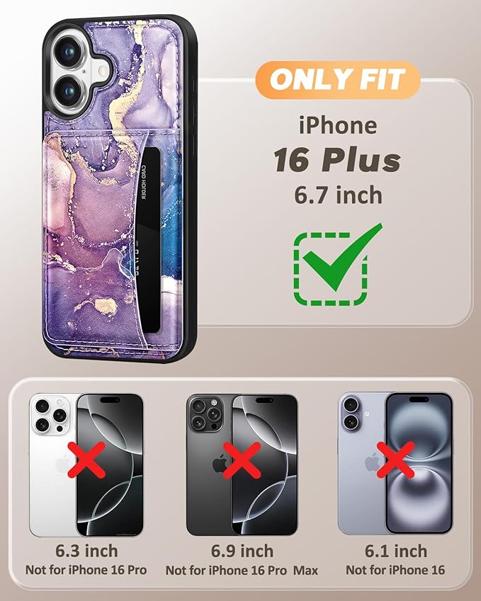for iPhone 16 Plus Case with Wallet - Fits 4 Card Slots,Compatible with MagSafe for Women Aesthetic Durable PU Leather Credit Card Holder Kickstand Phone Cover for Apple 16 Plus, Purple Marble