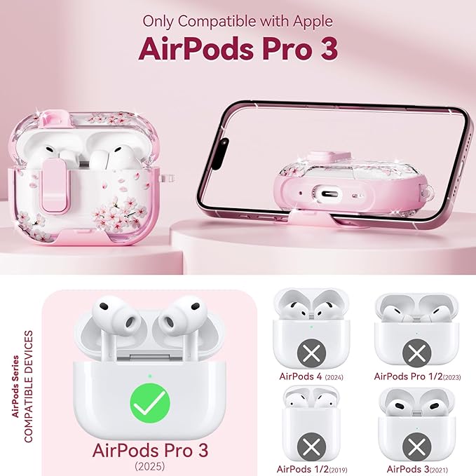 with Safety Lock for AirPods Pro 3 Case 2025,Clear Floral Cute Airpods Pro 3rd Generation Case with Phone Stand & Cleaner Kit for Apple AirPods Pro 3 for Women Girly-Cherry Blossom