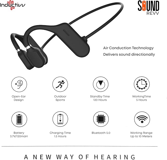 Inductivv Bone Conduction Headphones Sound Revv Open Earphones Wireless Bluetooth Running Headphones with Mic, IP56 Waterproof, Lightweight and Comfortable Fit Sport Bone Conduction Earbuds & Exercise