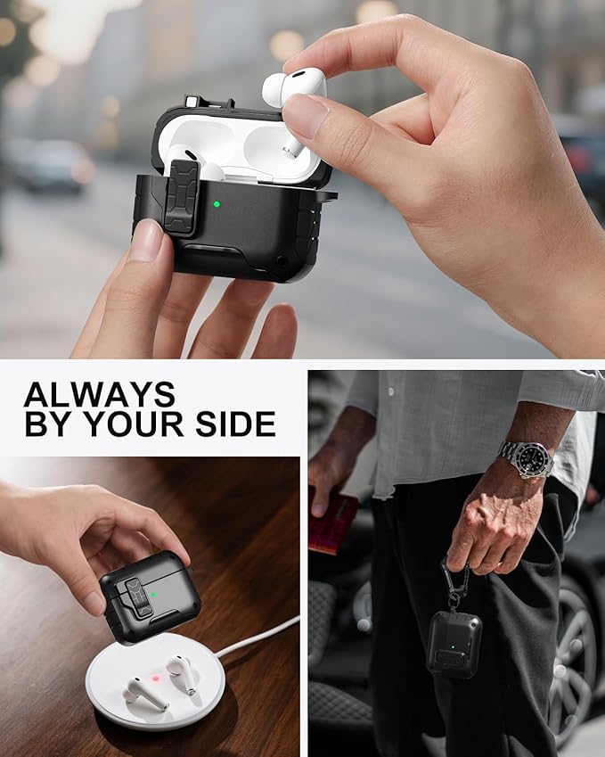 Lerobo for AirPods Pro 2 Case,Compatible with Apple Airpod Pro Case 2nd / 1st Generation with Phone Stand, Magnetic Lock & Cleaner Kit - Shockproof Hard Protective Cover Compatible with MagSafe,Black