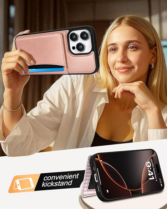 for iPhone 13 Pro Max Case with Wallet - Fits 4 Card Slots, Compatible with MagSafe for Women Aesthetic PU Leather Credit Card Holder Kickstand Phone Cover for Apple 13 Promax, Rose Gold