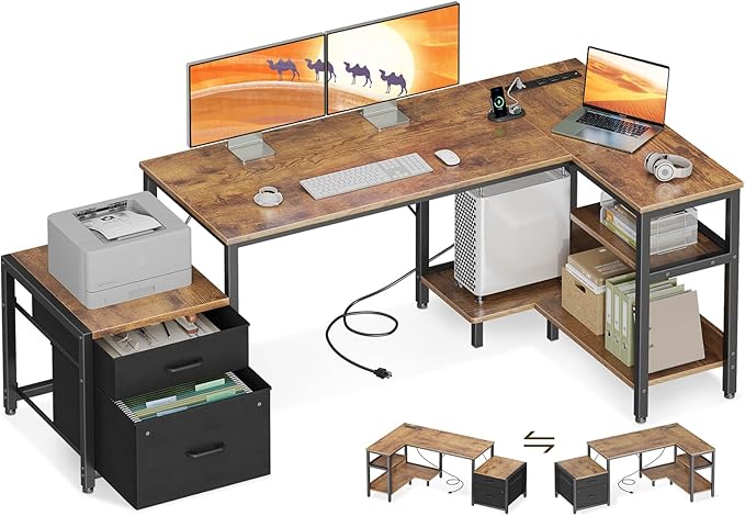 Casaottima L Shaped Desk with Drawers & File Cabinet, 63 Inch Computer Desk with Storage Shelves & CPU Stand, Corner Desk with Power Outlets, Reversible L Desk for Home Office, Rustic Brown
